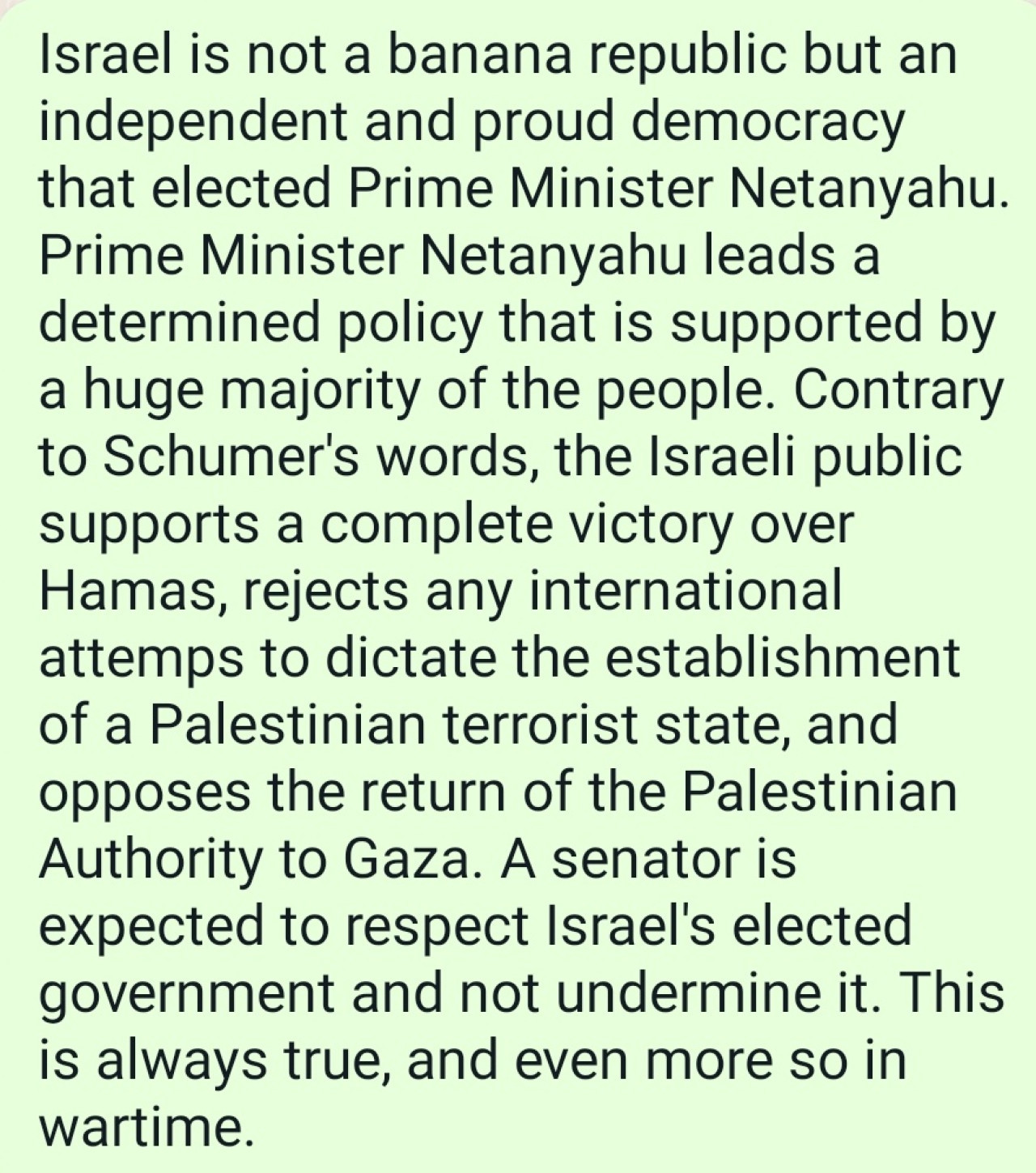 Respuesta del partido de Netanyahu a los dichos de Chuck Schumer, líder demócrata en el Senado de EEUU.