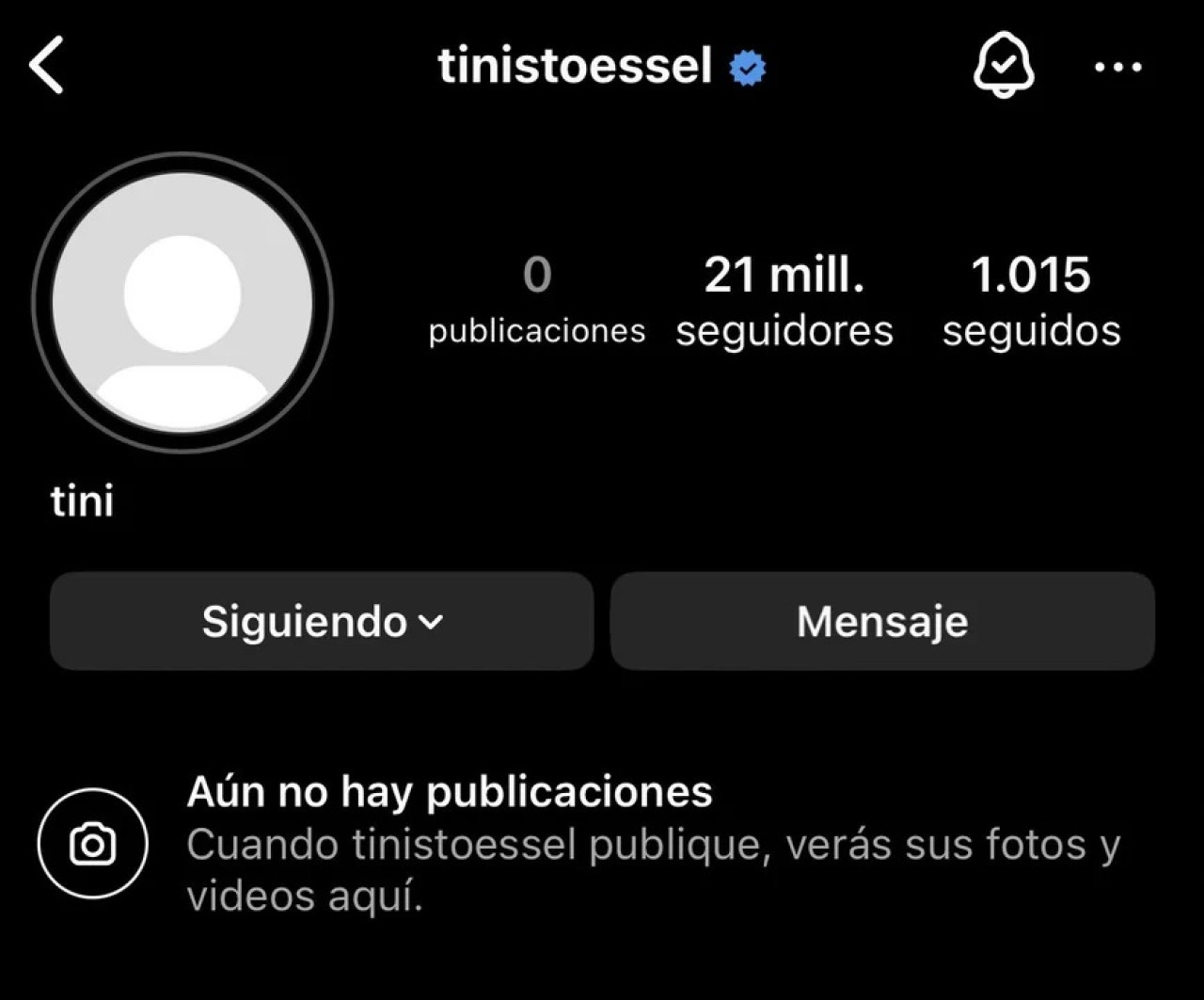 Feed de Instagram sin publicaciones de Tini Stoessel. Foto: NA.