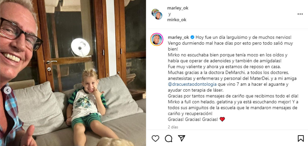 El posteo de Marley sobre la salud de Mirko. Foto Instagram.