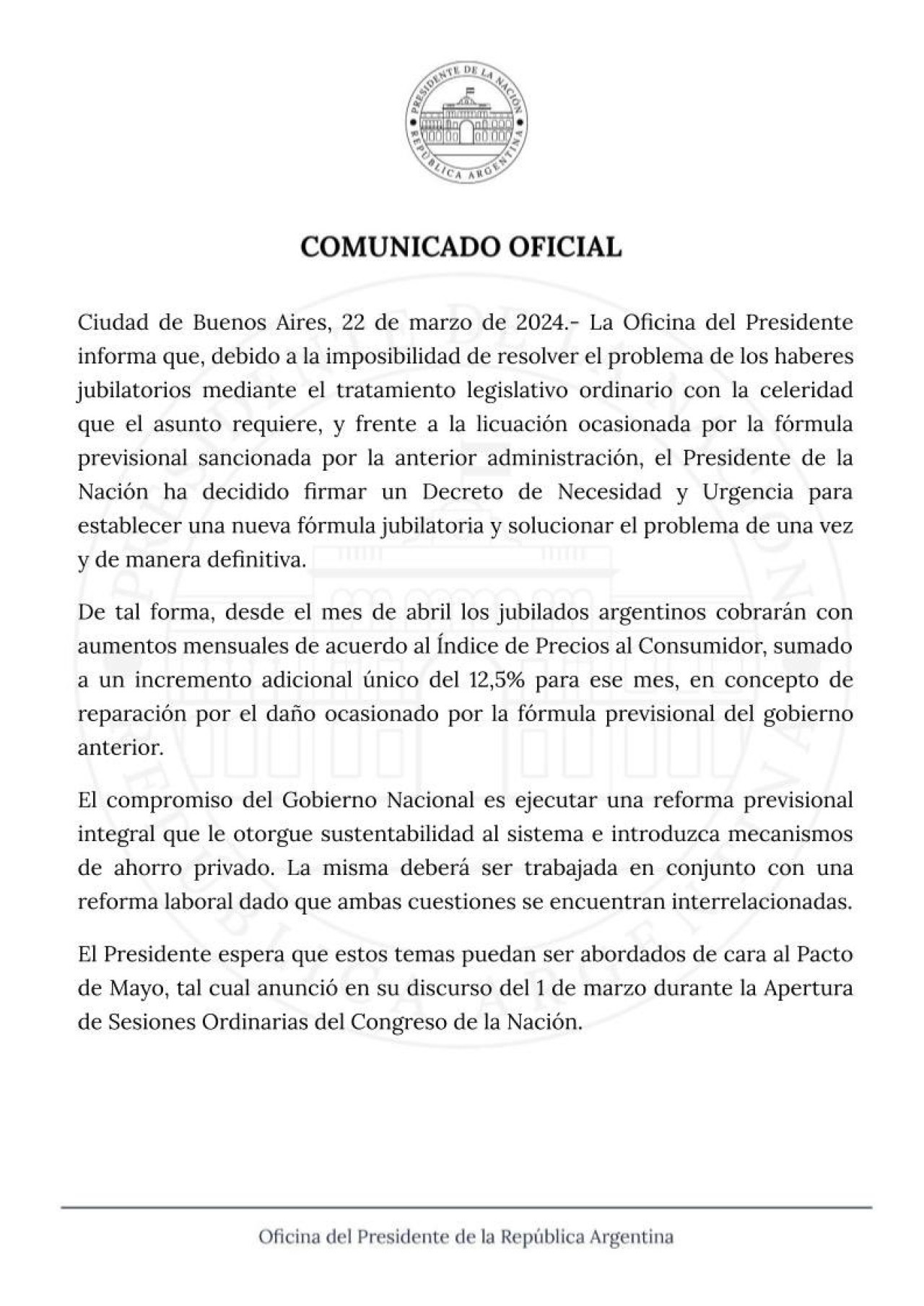 El comunicado del Gobierno. Foto: X @OPRArgentina