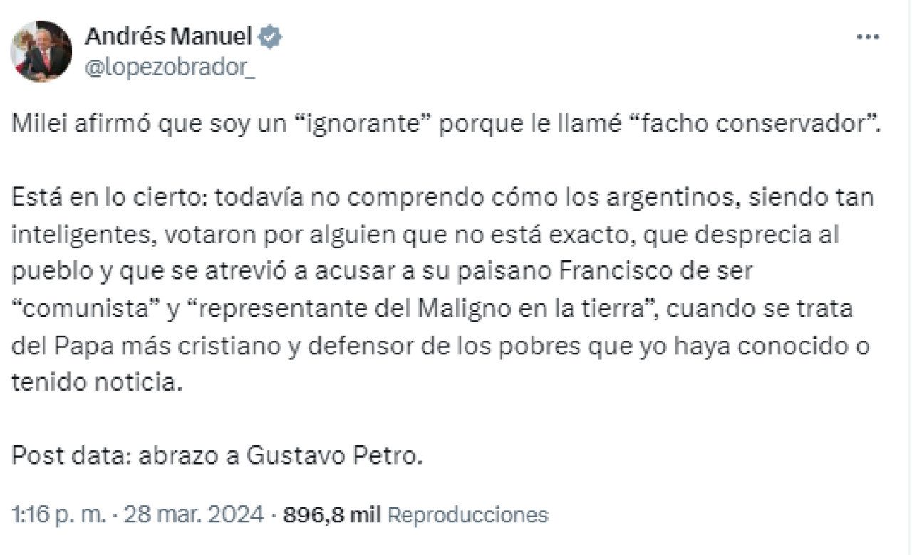 Mensaje de López Obrador. Foto: Twitter.