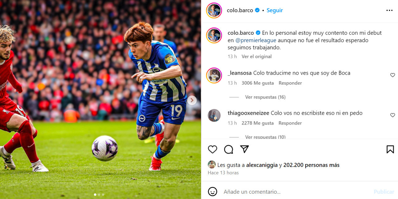El posteo del Colo Barco tras su debut. Foto: Instagram.