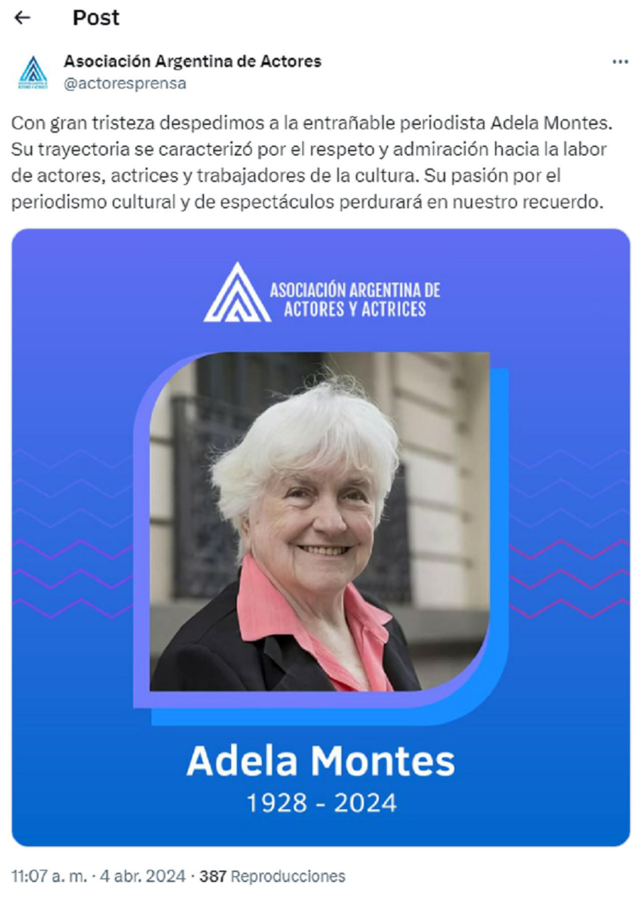 La despedida de la Asociación Argentina de Actores. Foto: X.