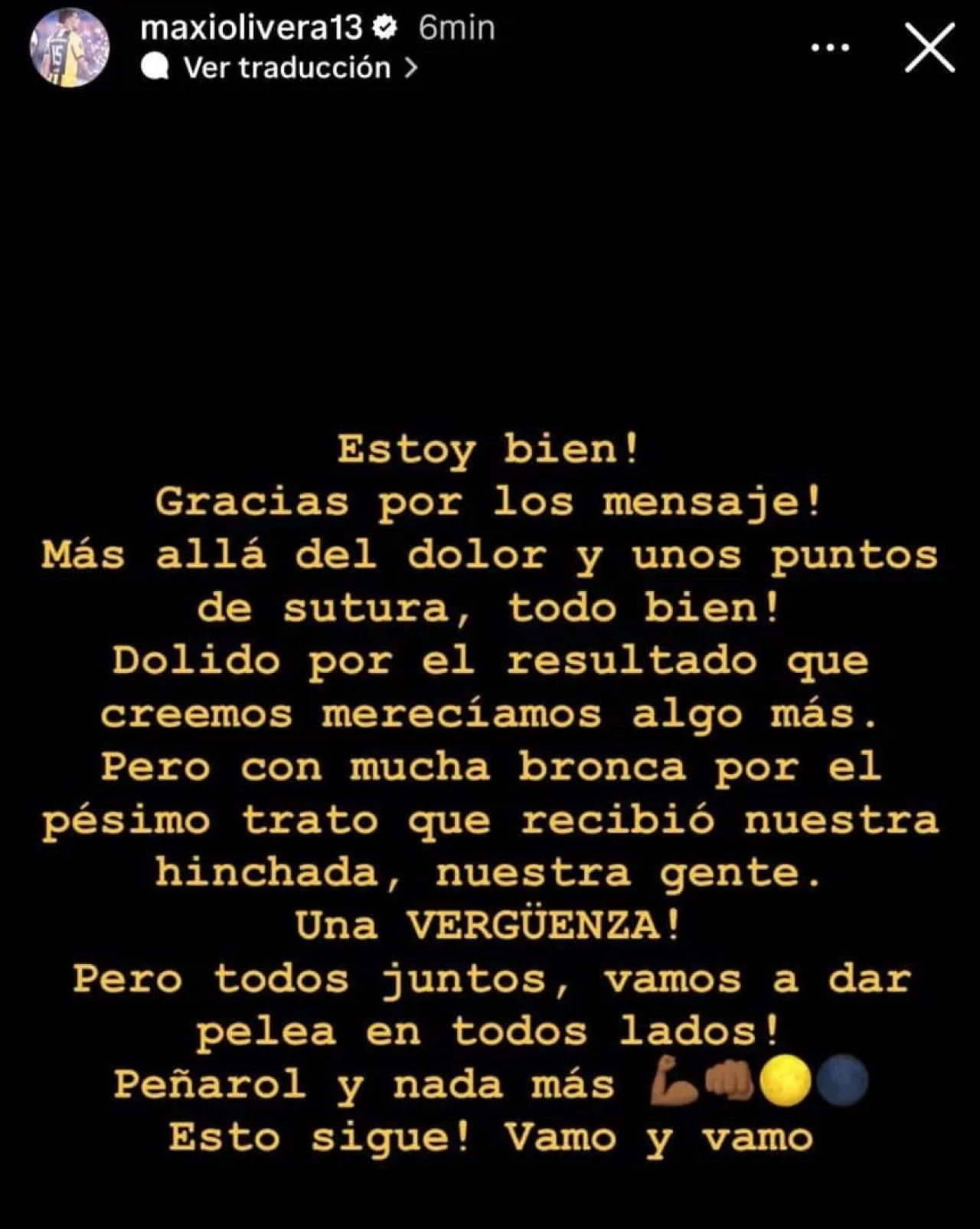 La historia que publicó el jugador de Peñarol tras ser agredido. Foto: Instagram.