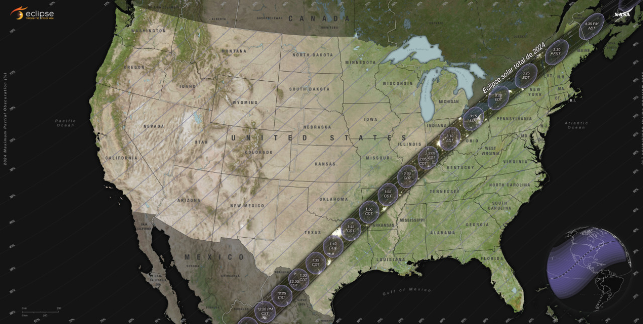 A NASA map showing the path of the eclipse on April 8, 2024.  Photo: NASA.