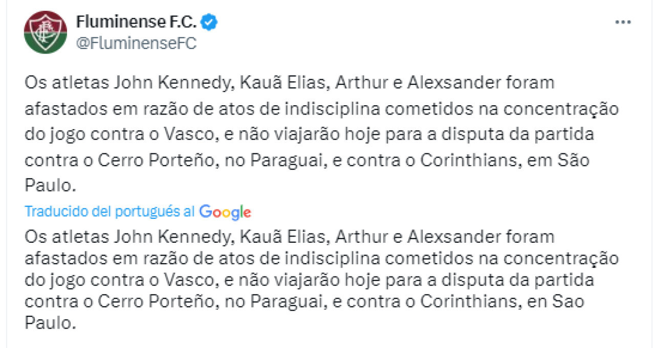 Cuatro jugadores de Fluminense fueron separados del plantel por indisciplina. Foto: Captura Twitter.