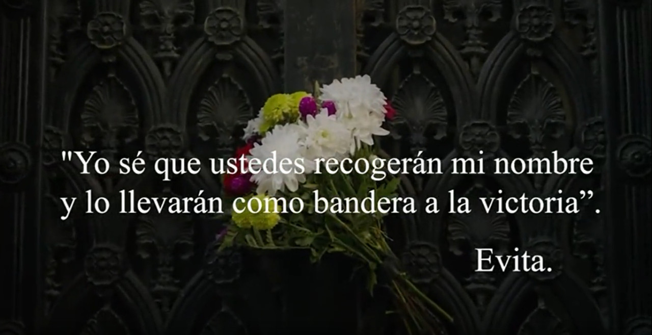 La frase de Evita con la que fue recordada en e l homenaje de Fernando Gray. Foto: Captura.