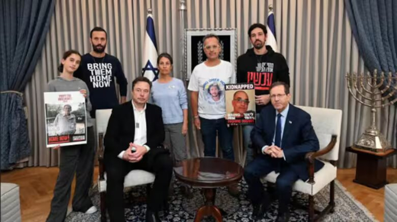 Familiar de Lior Rudaeff, rehén secuestrado por Hamás, en reunión con Elon Musk e Isaac Herzog. Foto: Facebook.