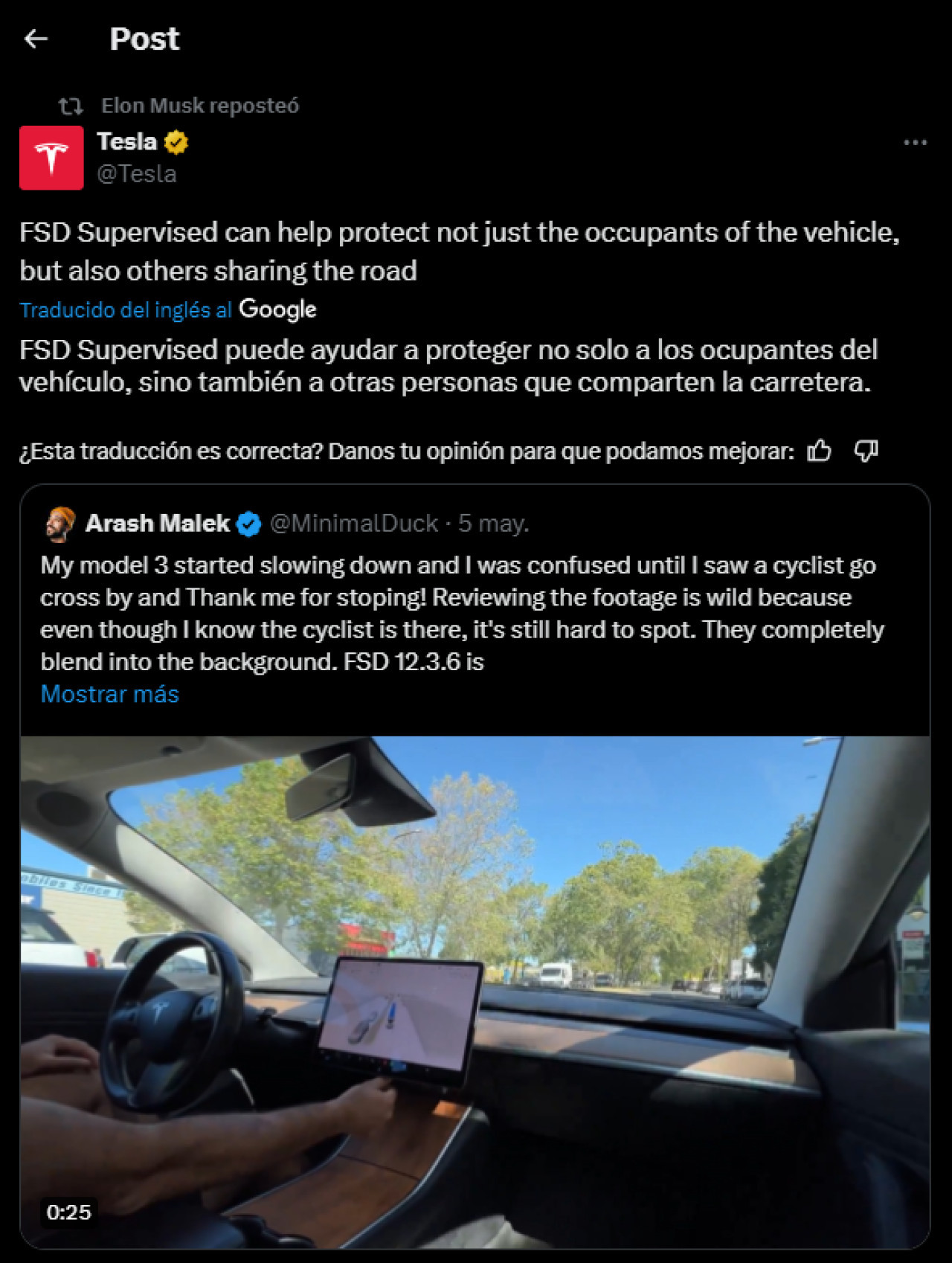 El tuit del conductor y el RT de Musk. Foto: captura
