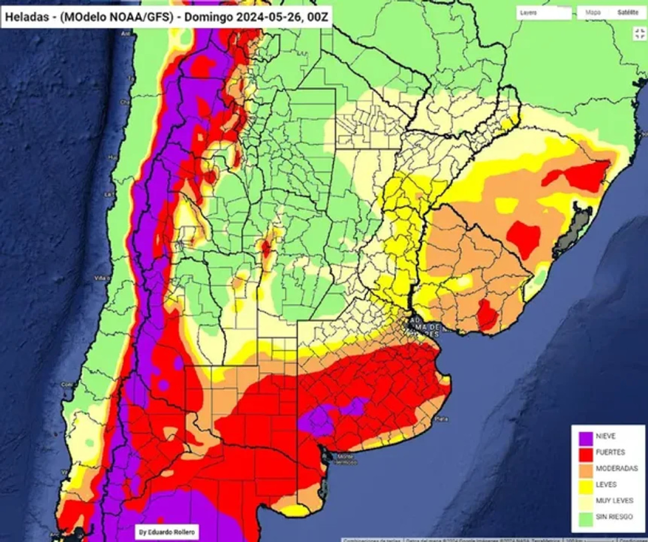 Mapa de heladas y nieve en todo el país. Fuente: Eduardo Rollero.