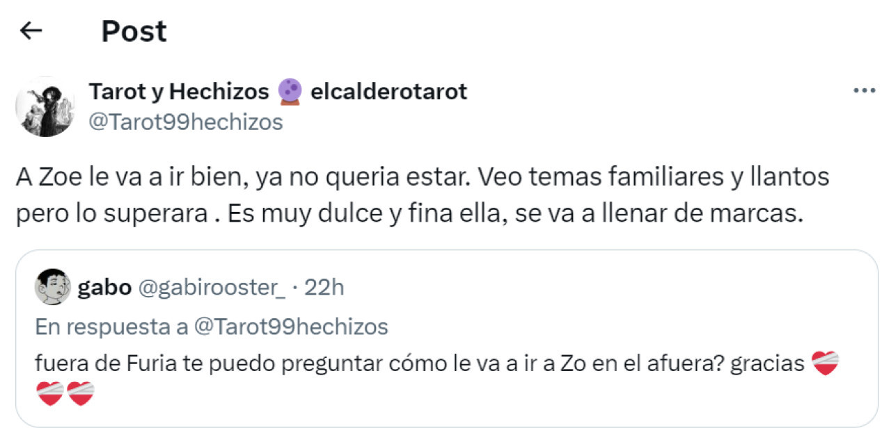 El tarot sobre Zoe de Gran Hermano. Foto: X.