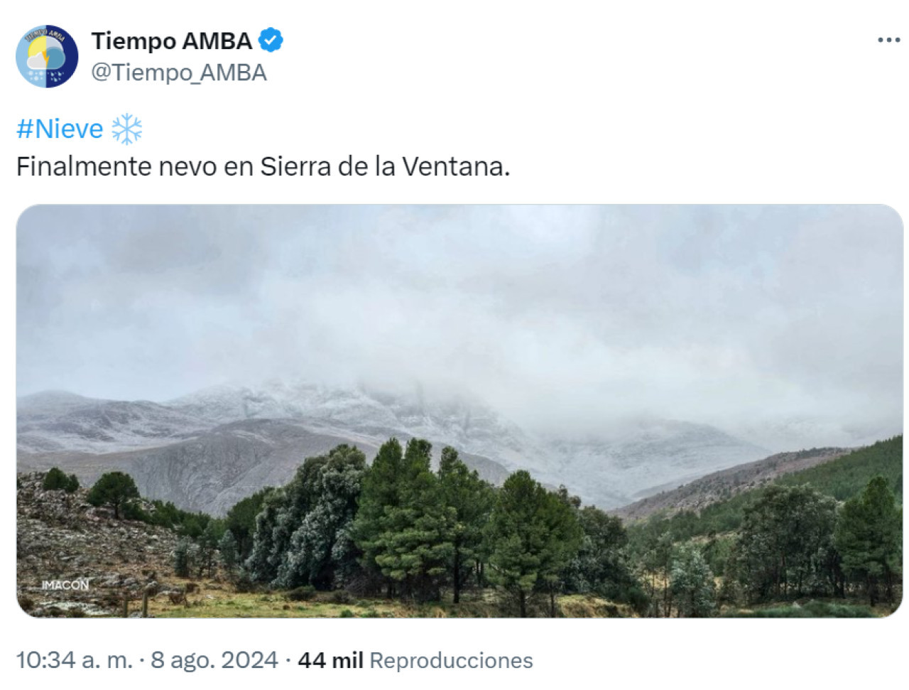 Nieve en Sierra de la Ventana. Foto: X.