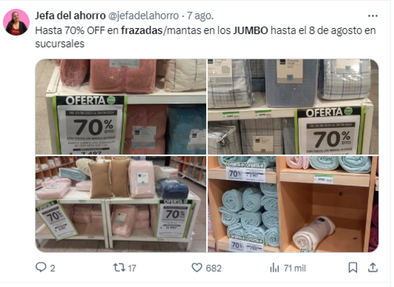 Descuentos imperdibles en acolchados y frazadas. Foto X @jefadelahorro.