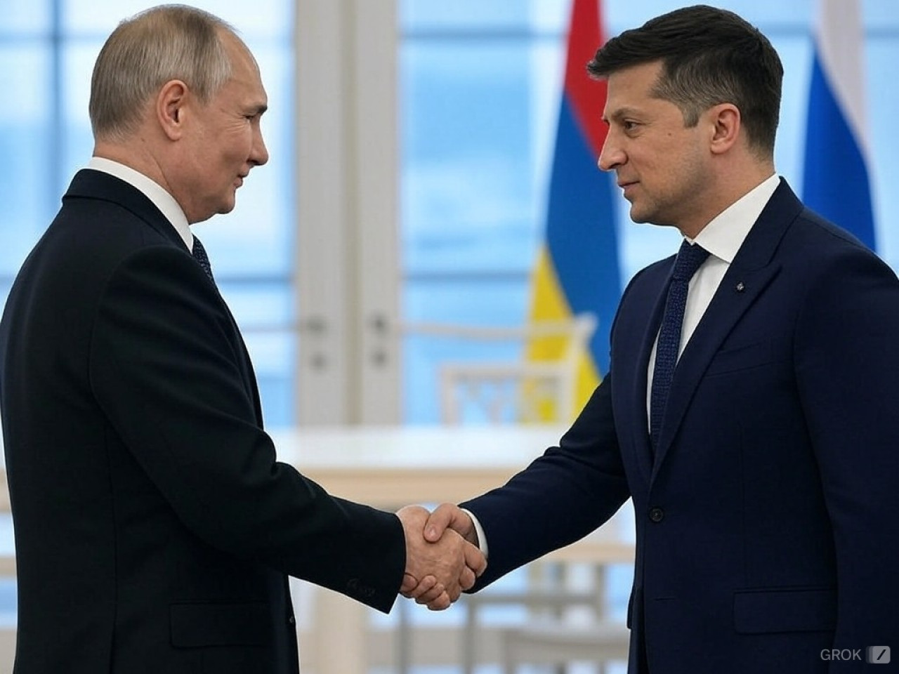 Imagen generada por Grok de Vladimir Putin y Volodimir Zelenski. Foto: Grok de X.