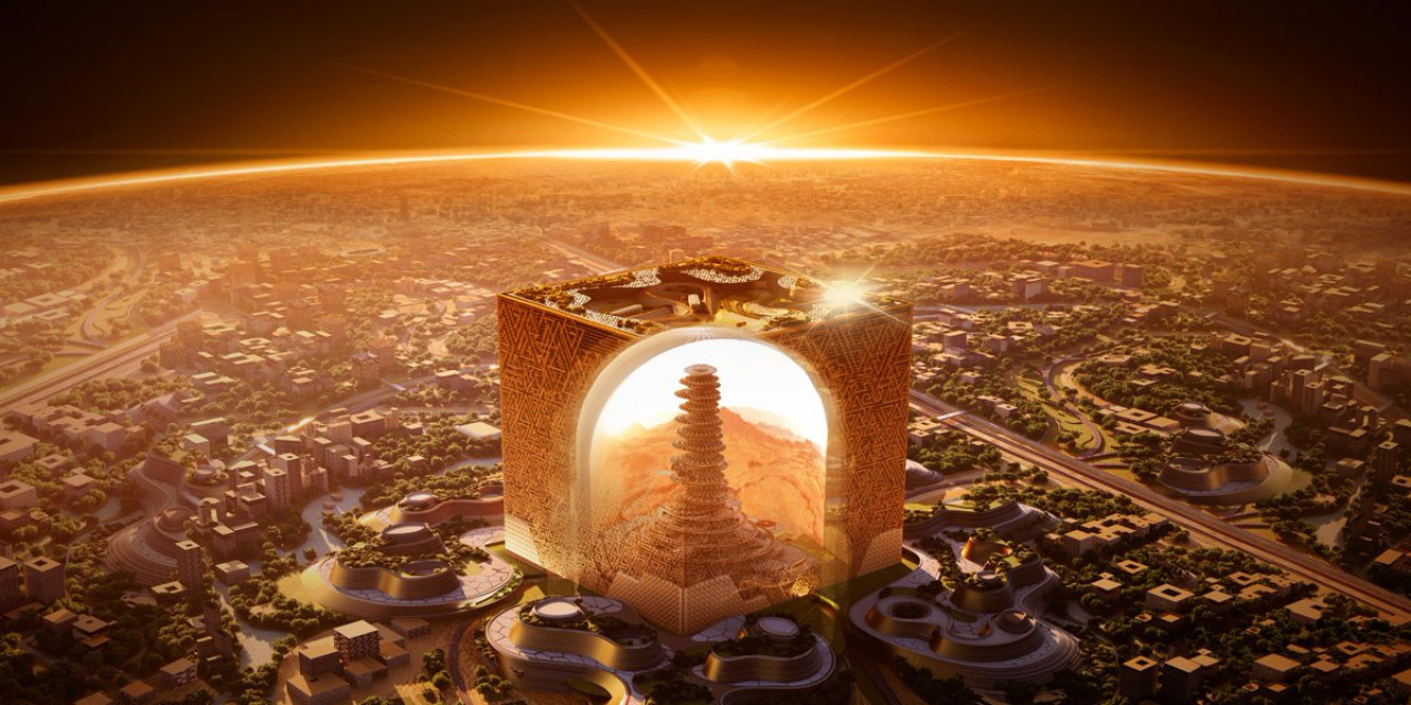El Mukaab, el edificio más grande del planeta. Foto X @Saudfromabove