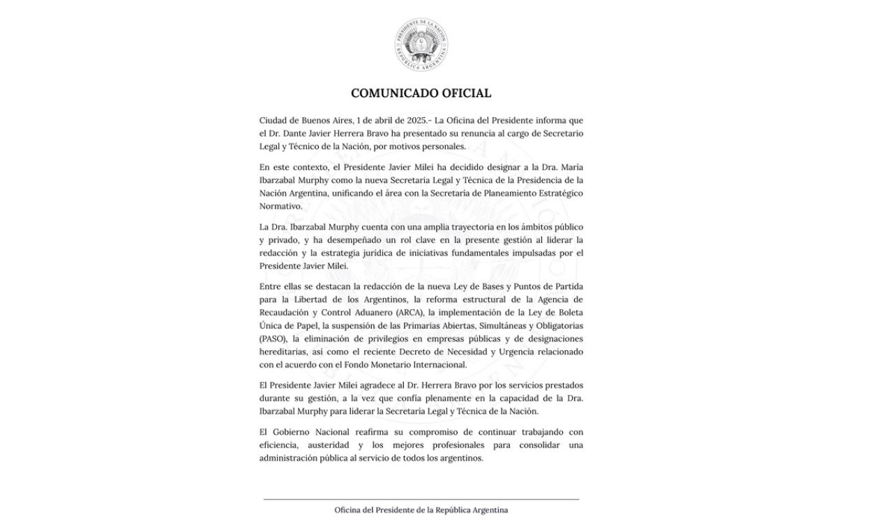 Milei designó a María Ibarzabal Murphy en lugar de Herrera Bravo. NA