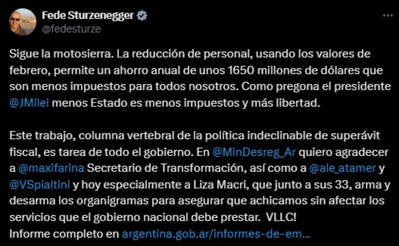 Federico Sturzenegger sobre la reducción de empleados estatales. Foto: Captura X.