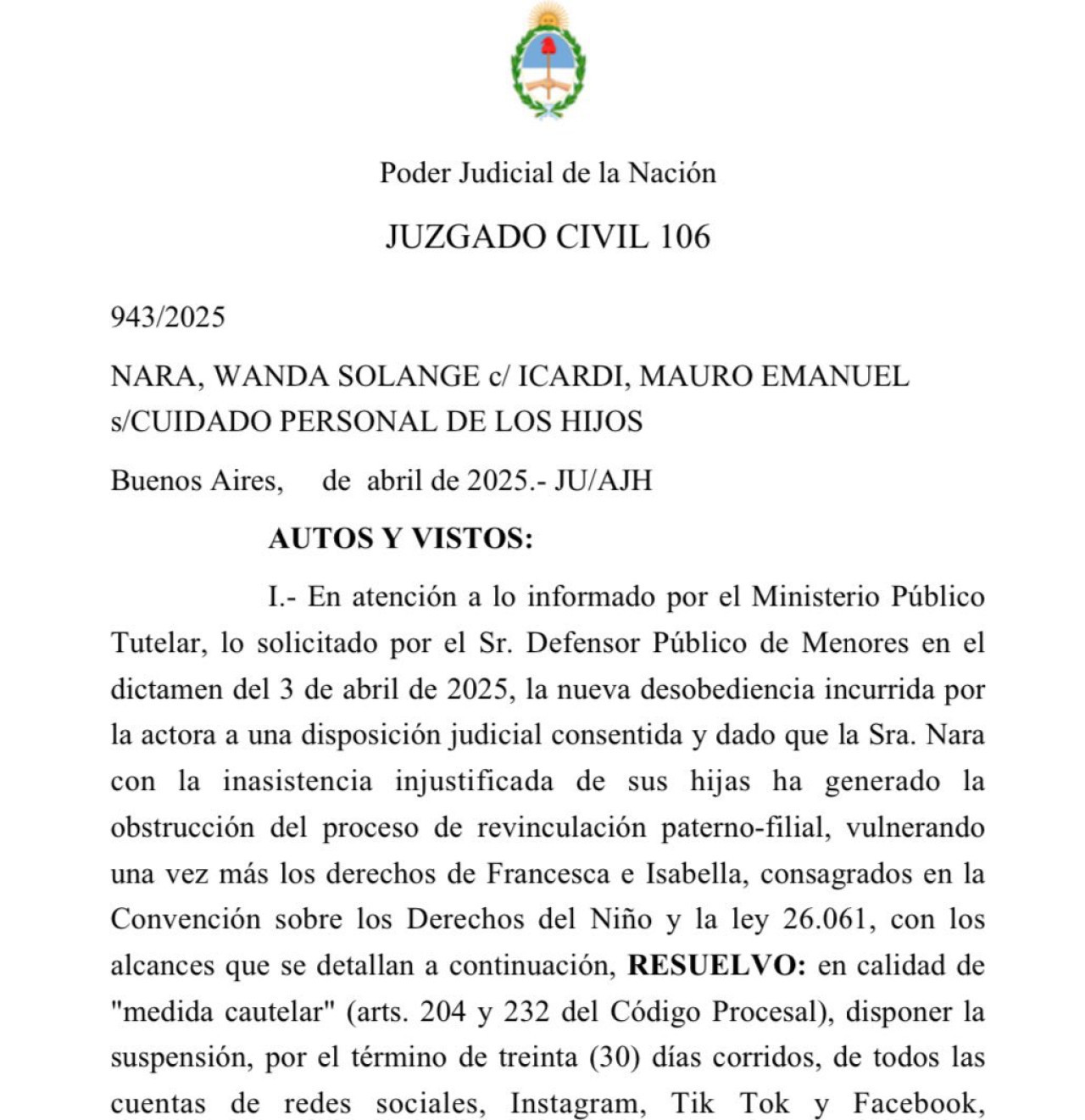 Fallo judicial sobre la suspensión de las cuentas de redes sociales de Wanda Nara.