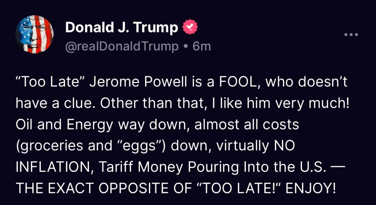 El mensaje de Donald Trump contra Jerome Powell, presidente de la Reserva Federal. Foto: Captura.