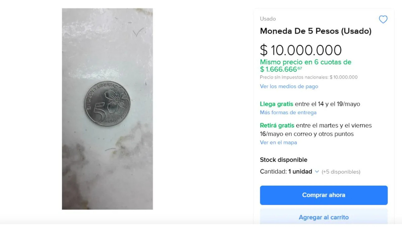 Una moneda de 5 pesos, publicada por 10 millones. Foto: Mercado Libre.