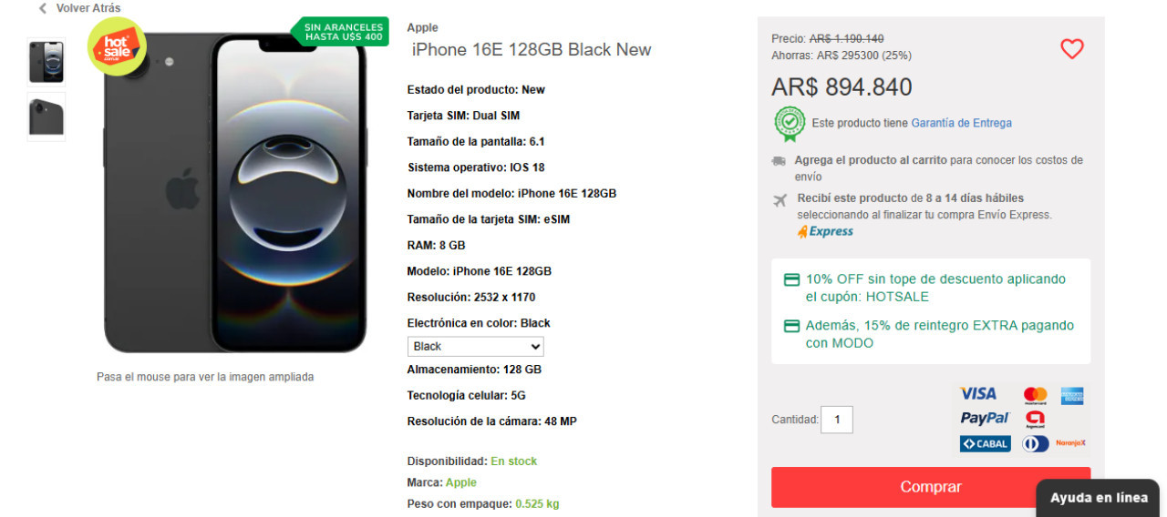 iPhone 16 en Hot Sale. Foto: Captura de pantalla Hot Sale.