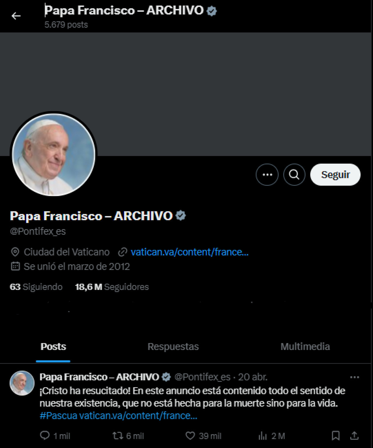 Así quedó el perfil de X que utilizaba el papa Francisco. Foto: Captura.