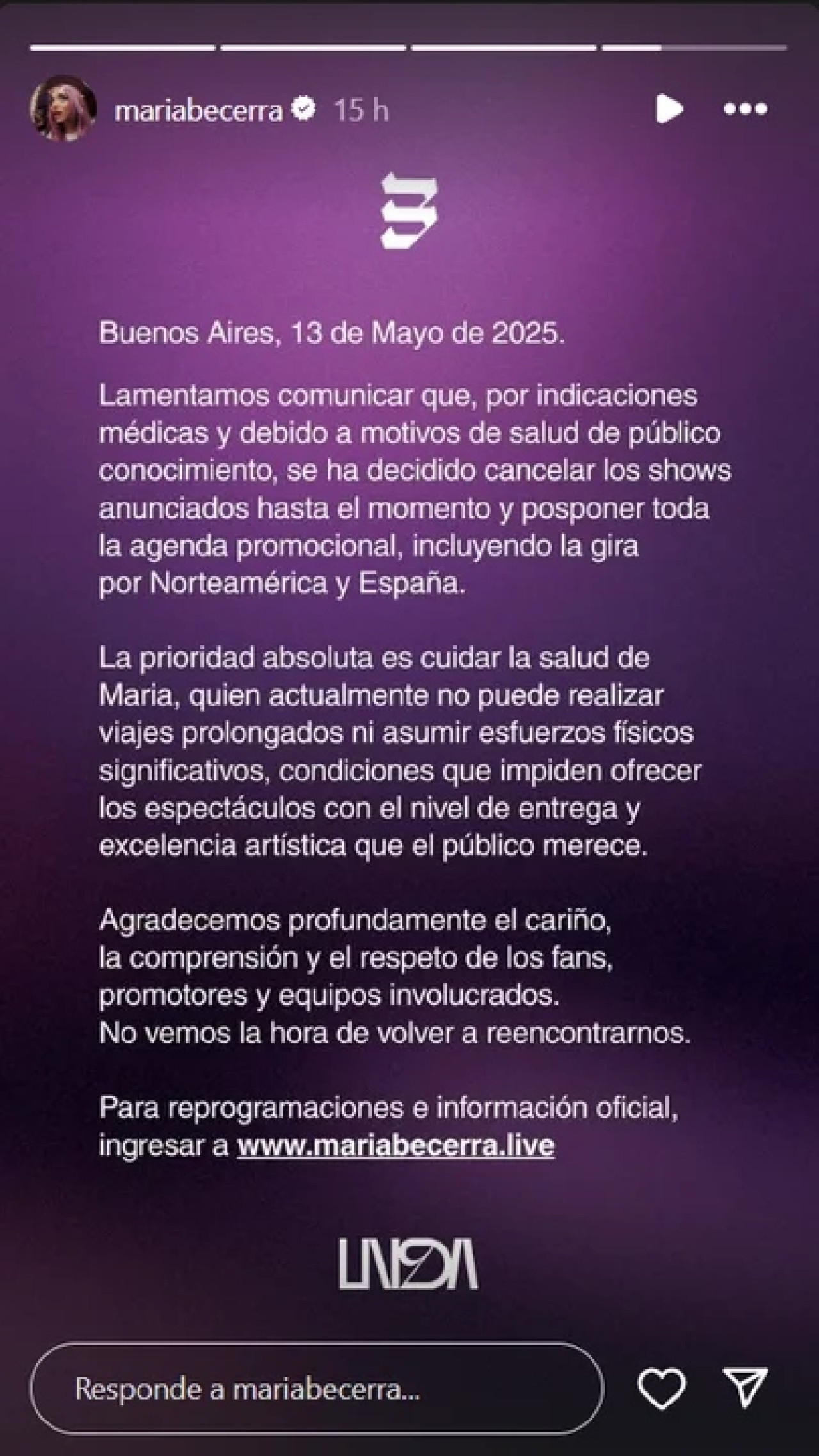 María Becerra anuncia la suspensión de su show. Fuente: Instagram