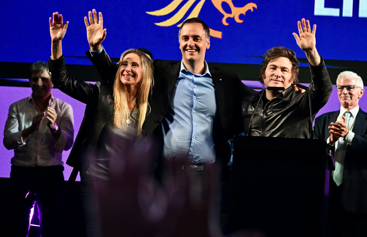 Karina Milei, Manuel Adorni y Javier Milei. Foto: Juan Foglia/NA.