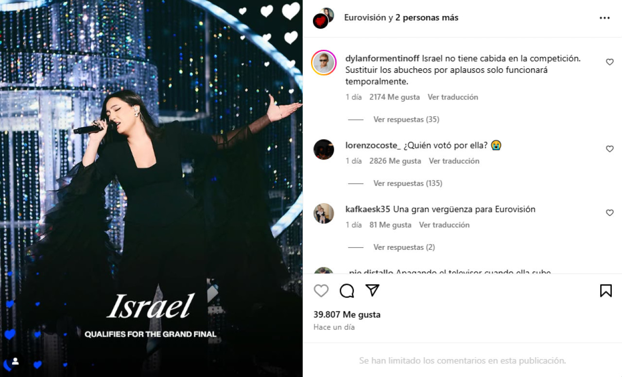 La cuenta oficial de Instagram de Eurovisión tuvo que limitar los comentarios en los posteos de la competidora israelí. Foto: Captura de pantalla Instagram / eurovision.