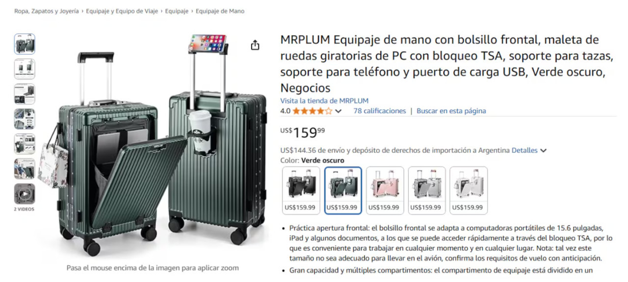 Ejemplo de las nuevas valijas tecnológicas. Foto: Amazon.
