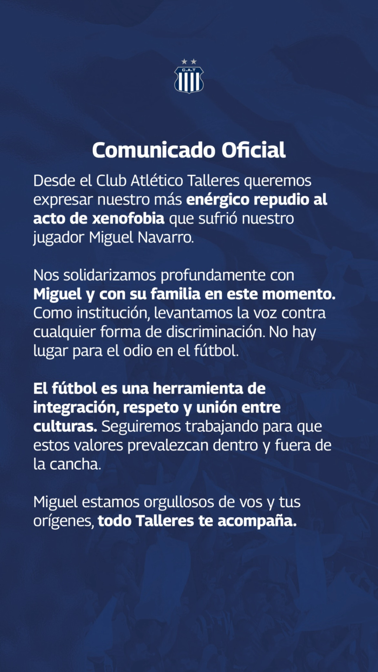 El comunicado de Talleres contra la discriminación. Foto: Instagram.