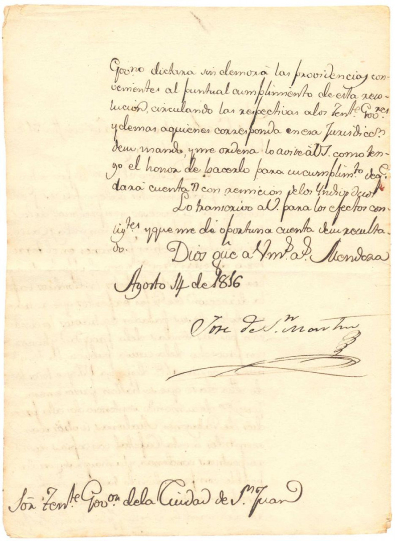 Carta de San Martín donde menciona a las Malvinas