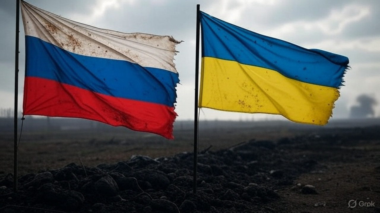 Bandera de Rusia; bandera de Ucrania. Foto: Grok.