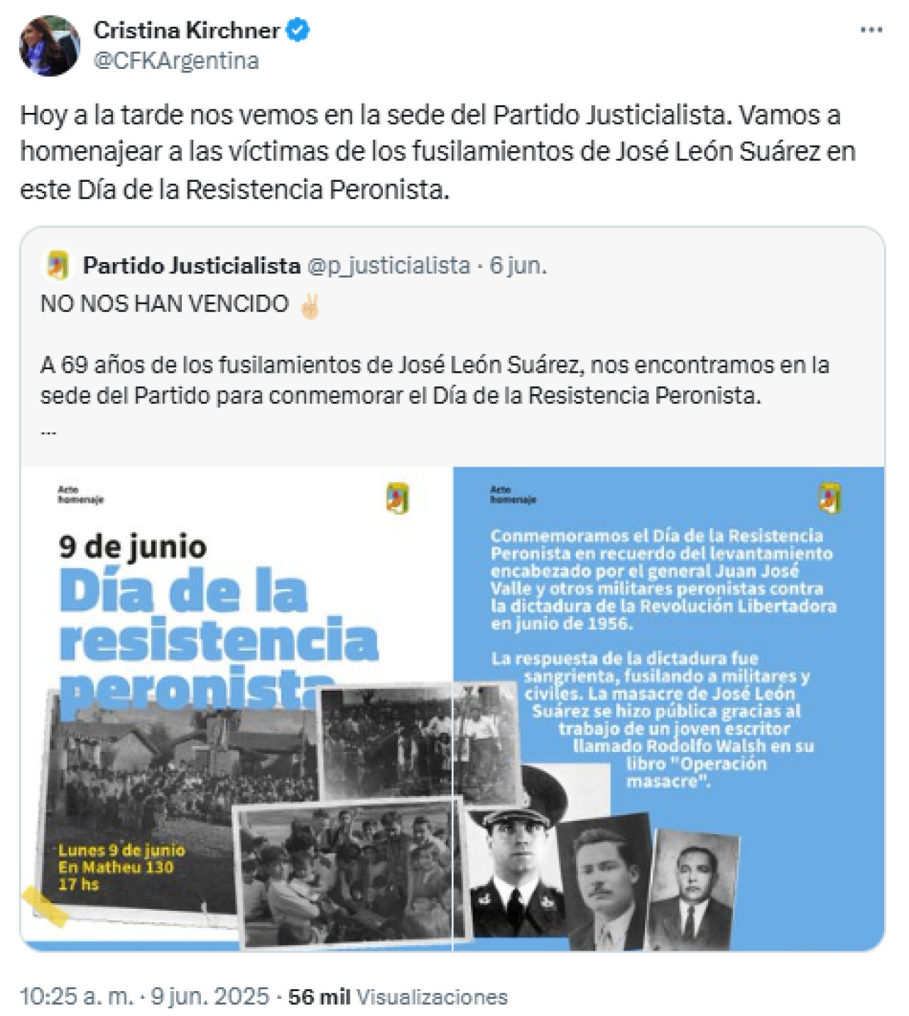 Cristina Kirchner encabezará el acto del PJ en conmemoración por los fusilamientos en José León Suárez. Foto: X / @CFKArgentina.