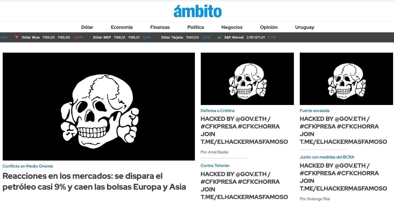 El hackeo al diario Ámbito. Foto: captura.