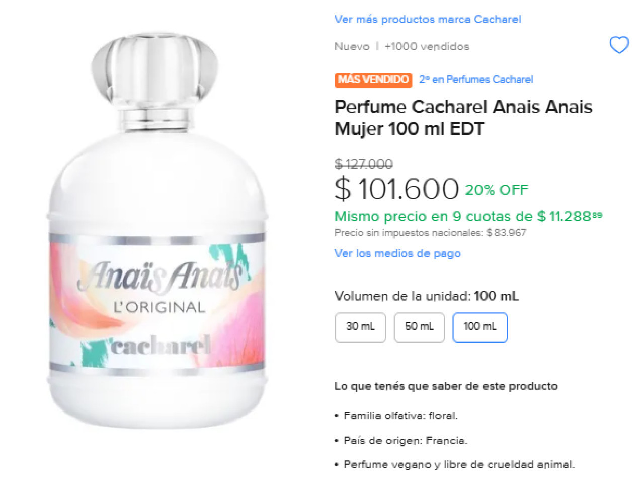 Perfume Anaïs Anaïs de Cacharel, el favorito de Pampita. Foto Mercado Libre