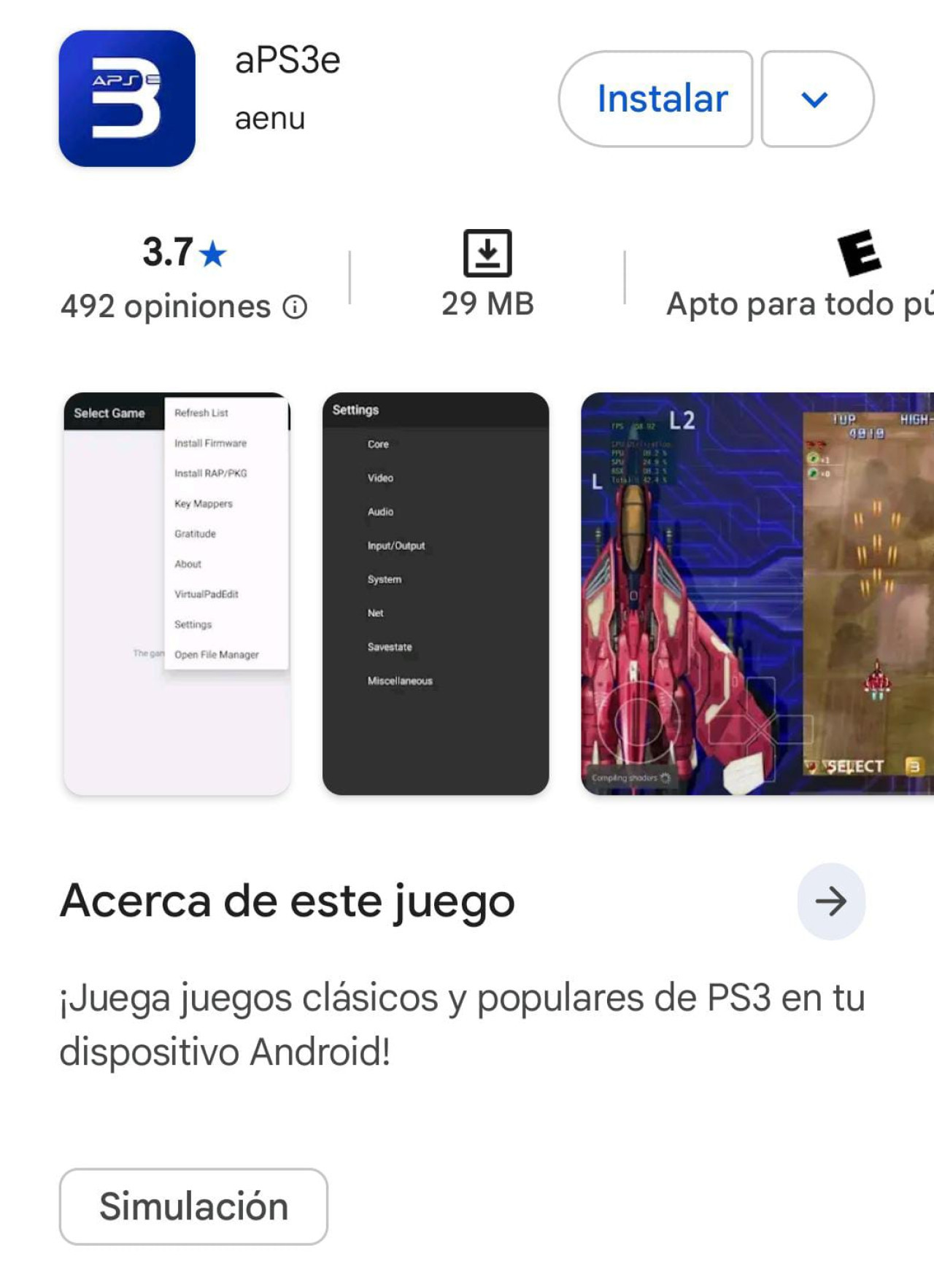 aPS3e, el emulador para jugar a la PS3 desde el celular. Foto: Captura.