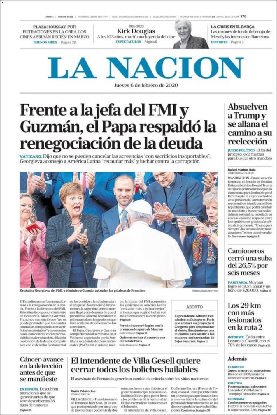Tapas de Diarios, La Nación jueves 6 de febrero de 2020