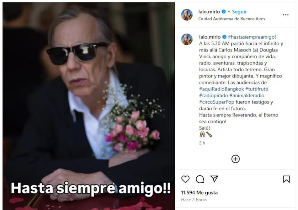 La despedida de Lalo Mir a Douglas Vinci. Foto: captura Instagram/lalo.mirlo