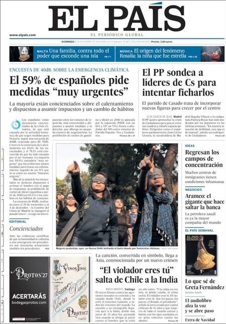 Tapas de diarios, El País, domingo 8 de diciembre de 2019