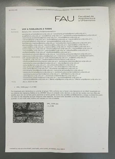 Amenaza de masacre a tiros en la Universidad de La Plata.