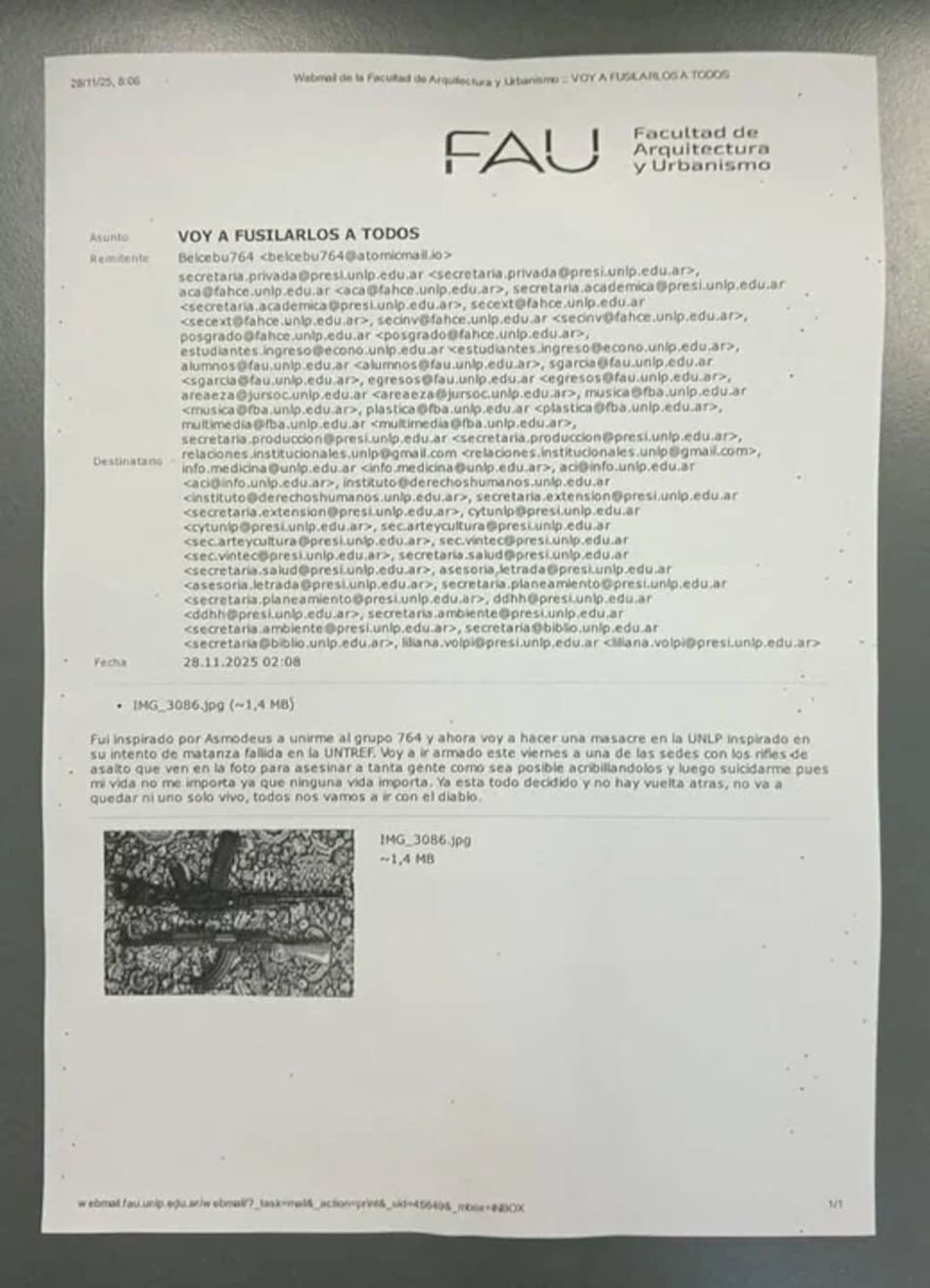 Amenaza de masacre a tiros en la Universidad de La Plata.