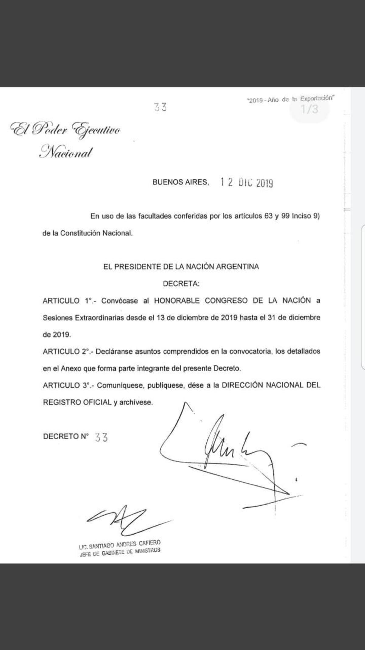 Documento PDF de sesiones extraordinarias de Alberto Fernández