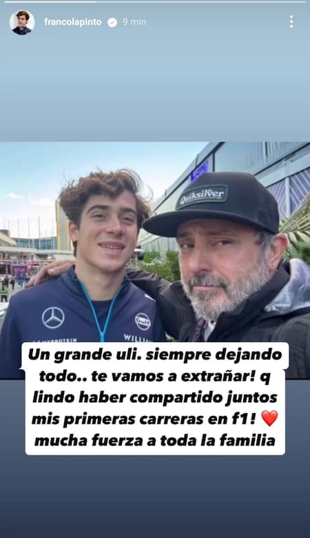 La despedida de Franco Colapinto a Ulises Panizza. Foto: Instagram @francolapinto