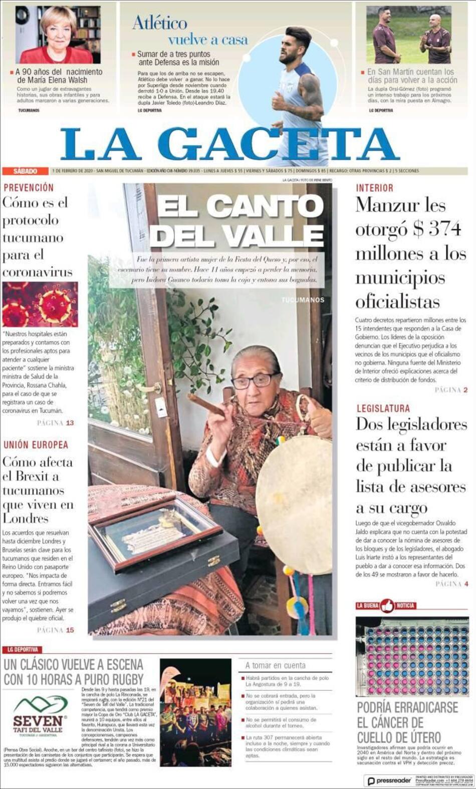 Tapas de diarios, La Gaceta, sábado 1 de febrero de 2020