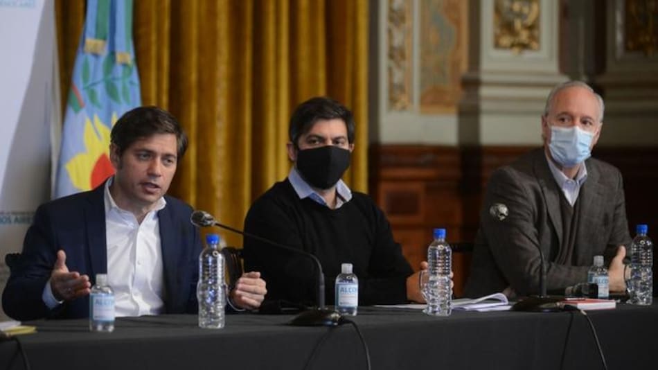 El gobernador bonarense, Axel Kicillof; el jefe de Gabinete, Carlos Bianco, y el ministro de Salud, Daniel Gollán, coronavirus en Provincia