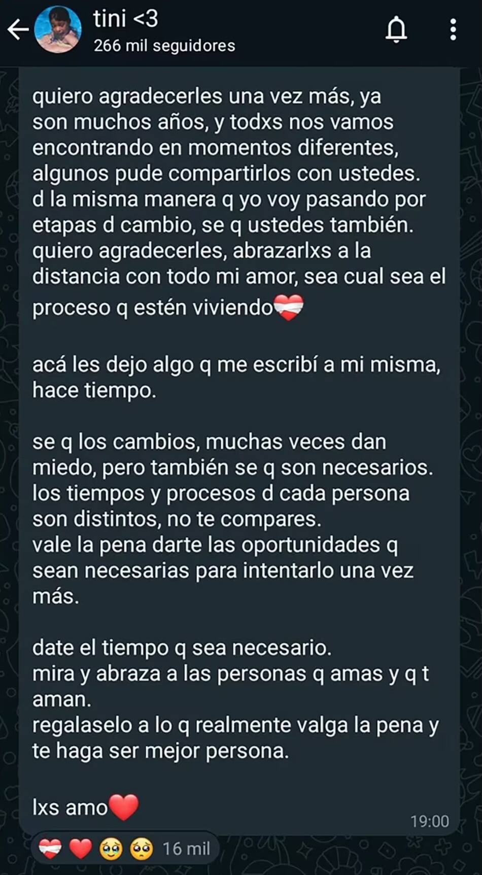 El conmovedor mensaje de Tini Stoessel para sus fans. Foto: redes.