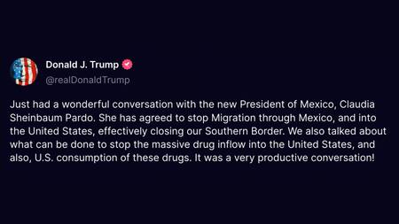 El mensaje de Donald Trump tras hablar con Claudia Sheinbaum. Foto: Captura.