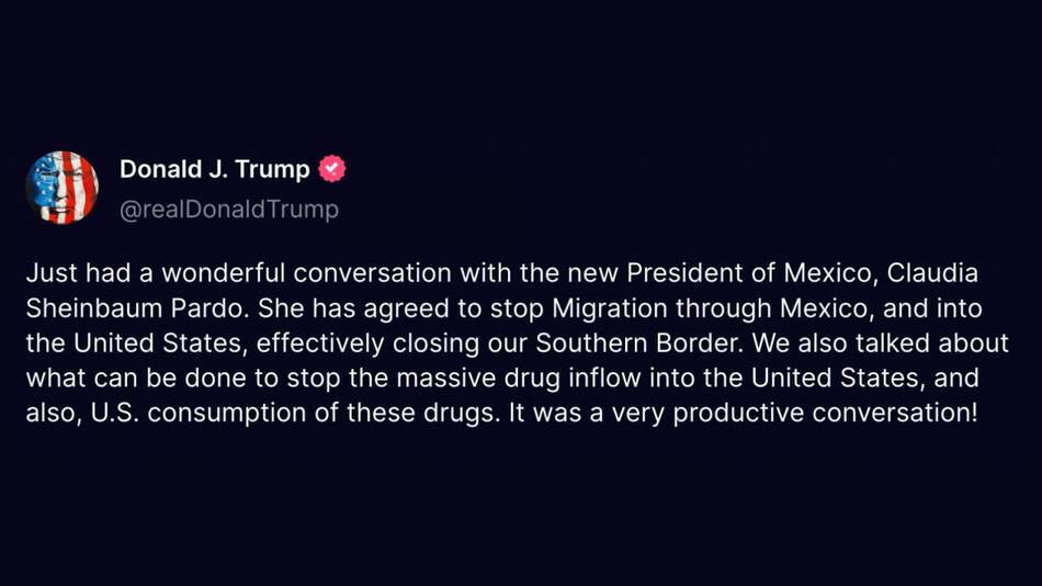 El mensaje de Donald Trump tras hablar con Claudia Sheinbaum. Foto: Captura.