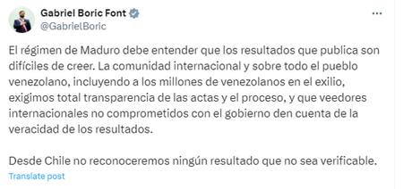 El mensaje de Gabriel Boric en redes sociales